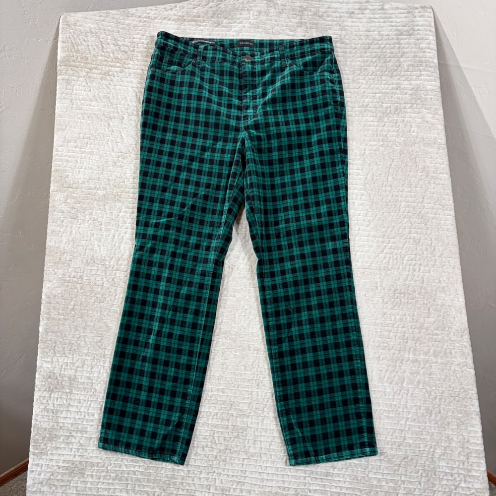 Talbots Green Black Plaid Velveteen Straight Leg Pants Womens 14P JO3069